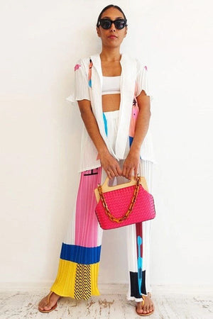 Chic Pleated Suit with Small Print Short Sleeve Shirt for Women