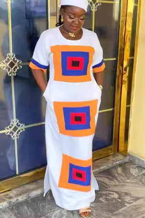 Contrast Color Printed Side Slit Loose Fit Dress