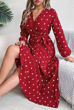 Chic Crossed V-Neck Pleated Dress with Contrasting Polka Dots