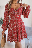 Floral Long Sleeve Dress with Lace Up Square Neckline