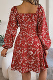 Floral Long Sleeve Dress with Lace Up Square Neckline