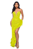Glamorous Strapless Sequin Feather Evening Gown