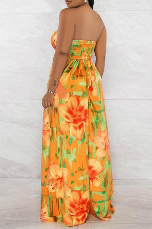 Chic Yellow Slim-Fit Printed Top with Elegant Wide-Leg Jumpsuit