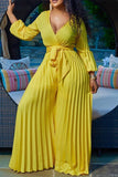 Chic V-Neck Lace-Up Wide-Leg Plus Size Jumpsuit with Pleats