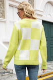 Plaid Knit Long Sleeve Sweater with Round Neck