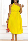 Diagonal Strap A-line Pleated Dress with Waist Tie in Solid Colors
