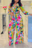 Chic Printed Two-Piece Lace-Up Shirt and Wide-Leg Pants Ensemble