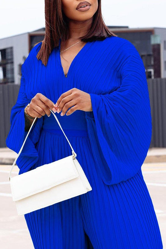 Chic Pleated V-Neck Blouse and Wide-Leg Trousers Ensemble