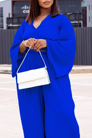 Chic Pleated V-Neck Blouse and Wide-Leg Trousers Ensemble