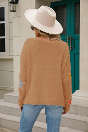 Scoop Neck Long Sleeve Sweater with Pentagram Embroidery