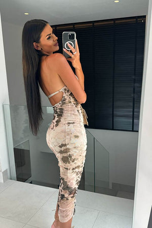 Elegant U-Neck Halter Print Evening Gown