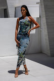 Elegant U-Neck Halter Print Evening Gown