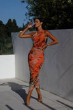 Elegant U-Neck Halter Print Evening Gown
