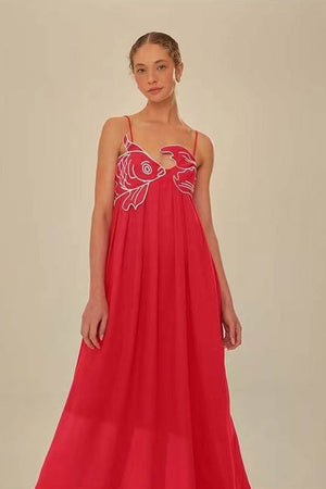Elegant Three-Dimensional Embroidered Pleated Halter Dress