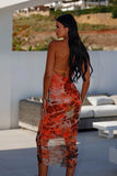 Elegant U-Neck Halter Print Evening Gown
