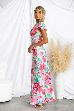 Vibrant V-Neck Midi Dress with Flirty Ruffled Sleeves