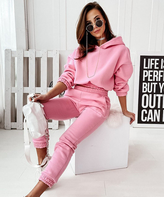 Chic Solid Color Casual Two-Piece Set with Hat, Long Sleeves, and Trousers