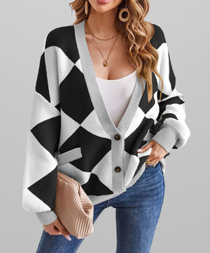 Chic V-Neck Diamond Check Color Block Cardigan