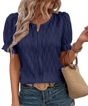 Chic V-Neck Puffed Sleeve Jacquard Casual Loose T-Shirt