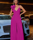 Three Dimensional Flower Deep V Halter Jumpsuit for Women