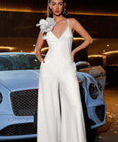 Three Dimensional Flower Deep V Halter Jumpsuit for Women