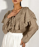 Chic V-Neck Peplum Halter Long-Sleeved Shirt for Style