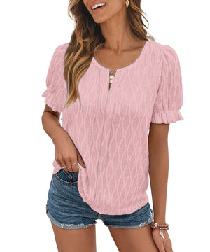 Chic V-Neck Puffed Sleeve Jacquard Casual Loose T-Shirt