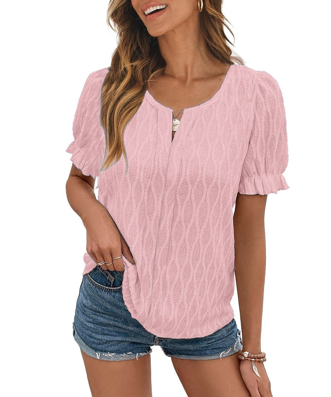 Chic V-Neck Puffed Sleeve Jacquard Casual Loose T-Shirt