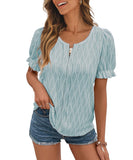 Chic V-Neck Puffed Sleeve Jacquard Casual Loose T-Shirt