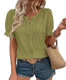Chic V-Neck Puffed Sleeve Jacquard Casual Loose T-Shirt