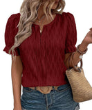 Chic V-Neck Puffed Sleeve Jacquard Casual Loose T-Shirt