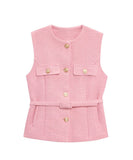 Womens Round Neck Sleeveless Vest With Button Decoration