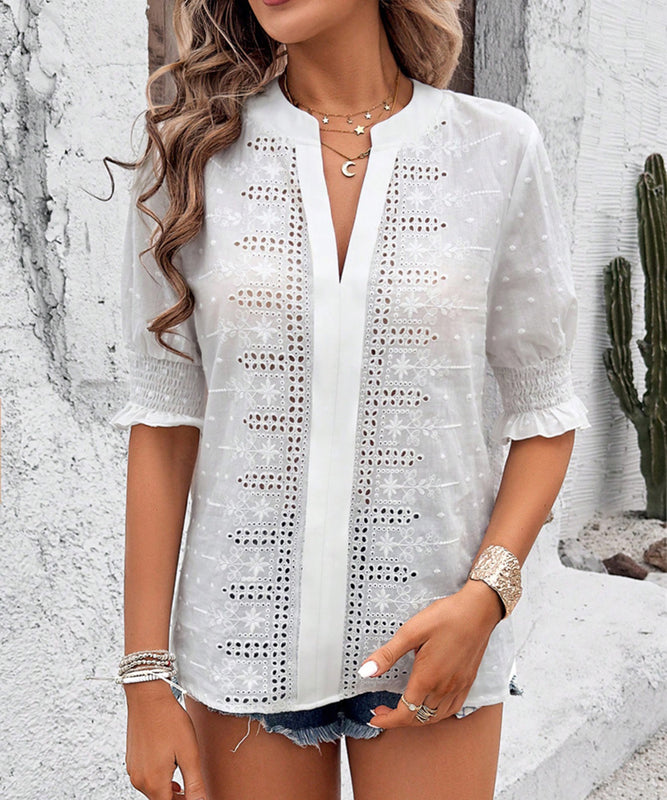 Chic V-neck Casual Pullover Puffy Sleeve Solid Color T-shirt