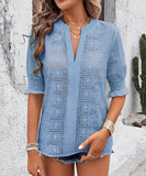 Chic V-neck Casual Pullover Puffy Sleeve Solid Color T-shirt