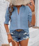 Chic V-neck Casual Pullover Puffy Sleeve Solid Color T-shirt