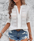 Chic V-neck Casual Pullover Puffy Sleeve Solid Color T-shirt