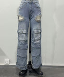 Multi Pocket Hand Drilled Washed Denim Jeans for Casual Style