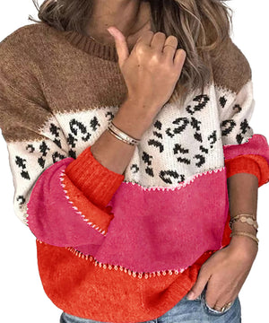 Classic Womens Leopard Patchwork Relaxed Knit Sweater