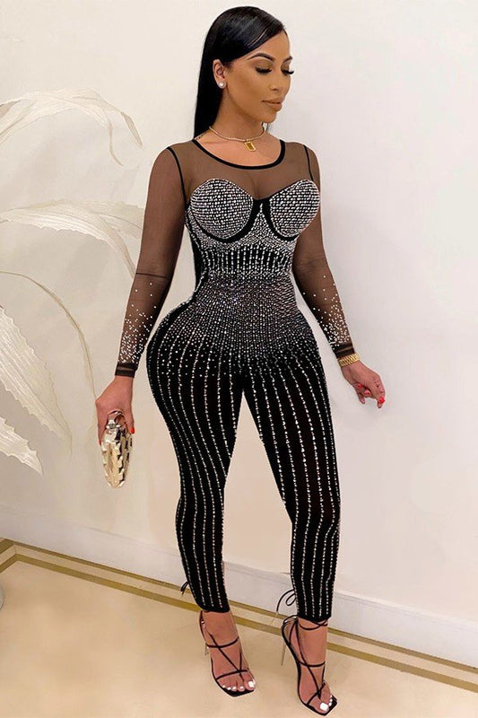 Solid Color Sexy Hot Drill Round Neck Slim-Fit Onesie Delight