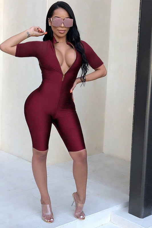 Sexy Deep V Zipper One-Piece Club Outfit for Daring Nights