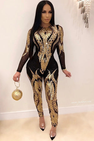 Glamorous Sequin Upscale Women's Long-Sleeved See-Through Jumpsuit