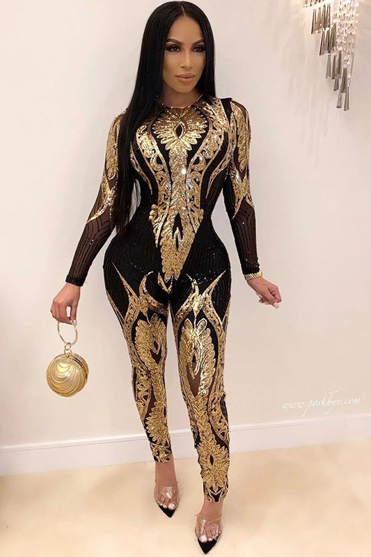 Glamorous Sequin Upscale Women's Long-Sleeved See-Through Jumpsuit
