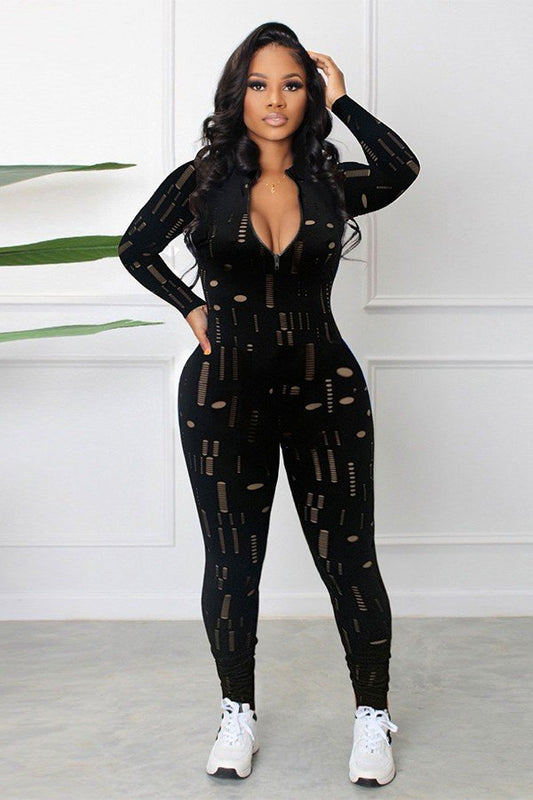Sexy Jacquard Hollowed Out Long Sleeve Jumpsuit for Glam Nights