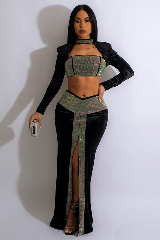 Sexy Stitching Hot Drill Hanging Neck Suit Dress Skirt Elegance