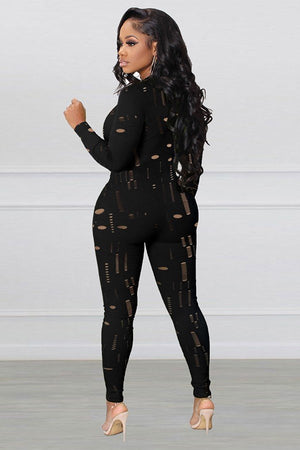 Sexy Jacquard Hollowed Out Long Sleeve Jumpsuit for Glam Nights