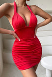 Solid Color Deep V Neck Halter Pleated Dress for Stunning Style