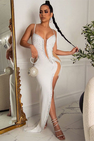 Sultry Solid Color Sexy See-through Hot Drill Halter Dress Delight