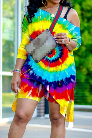 Chic Diagonal Shoulder Print Two-Piece Slim Pants Set