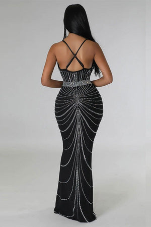 Glamorous Hot Drill Cross V-Neck Suspender Floor-Length Dress