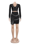 Sexy Slim Deep V Zipper Pearl Hot Drill Two-Piece Set Glam